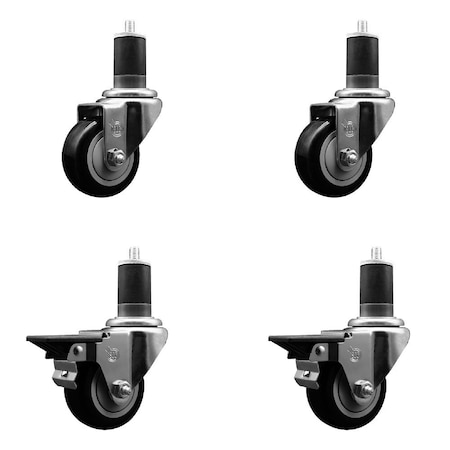 Service Caster 3'' Black Poly Wheel Swivel 1-5/8'' Expanding Stem Caster Set 2 Brakes, 4PK SCC-EX20S314-PPUB-BLK-2-PLB-2-158
